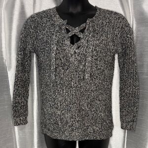Aerie Oversized Braided Knit Lace Up V Neck Speckled Gray Sweater Women’s XXS